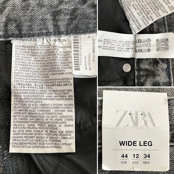 Zara Wide Leg Jeans Charcoal High Rise Full Length Raw Hem 12 - Picture 8 of 9
